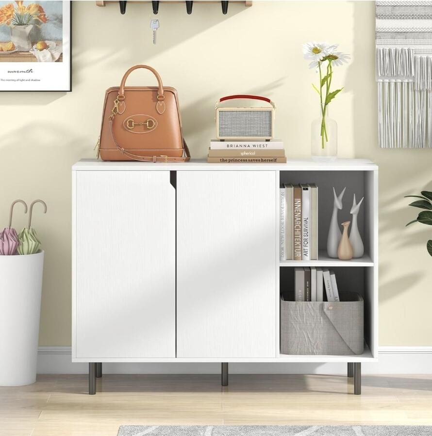 Keuken Dressoir met 2 deuren kast met verstelbare planken en metalen poten 106 x 38 x 80 cm met anti-rolkit opbergmeubel voor eetkamer woonkamer wit