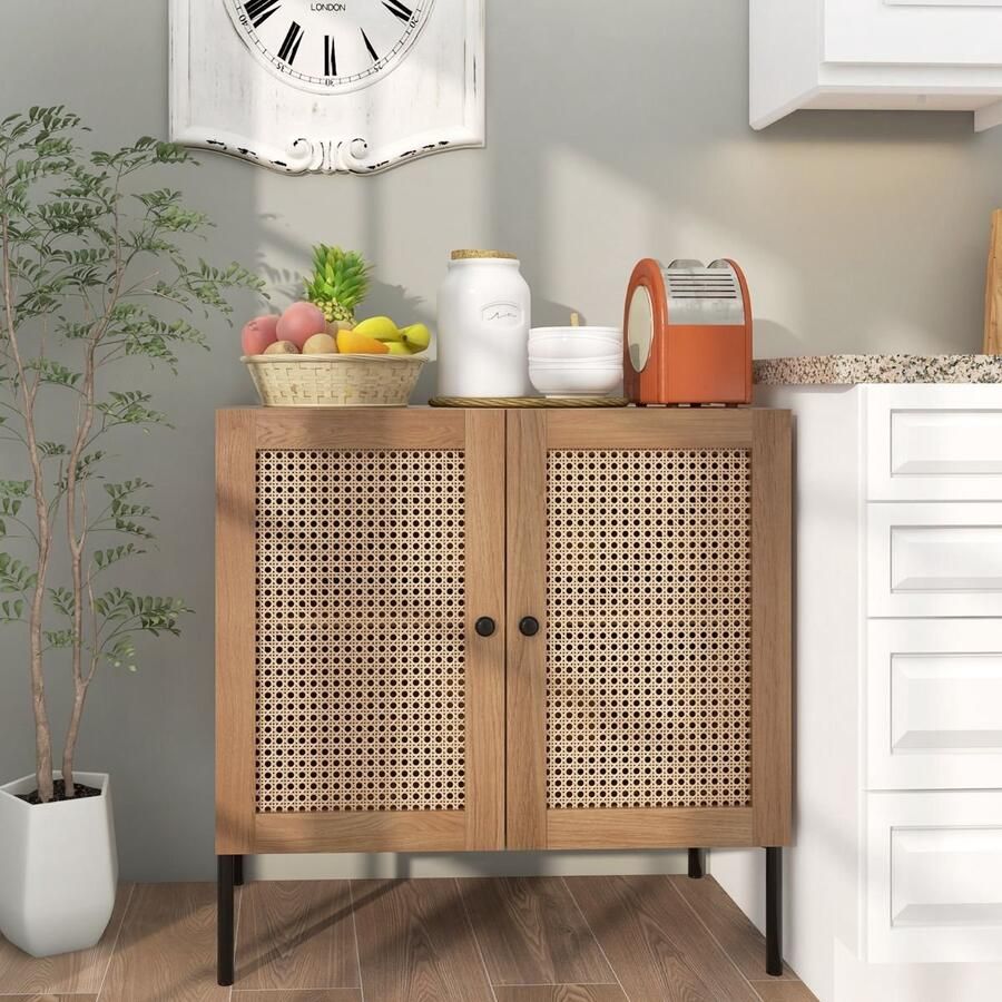 Keuken dressoir met 2 rieten deuren – Boheemse kast met verstelbare plank en metalen poten bruin