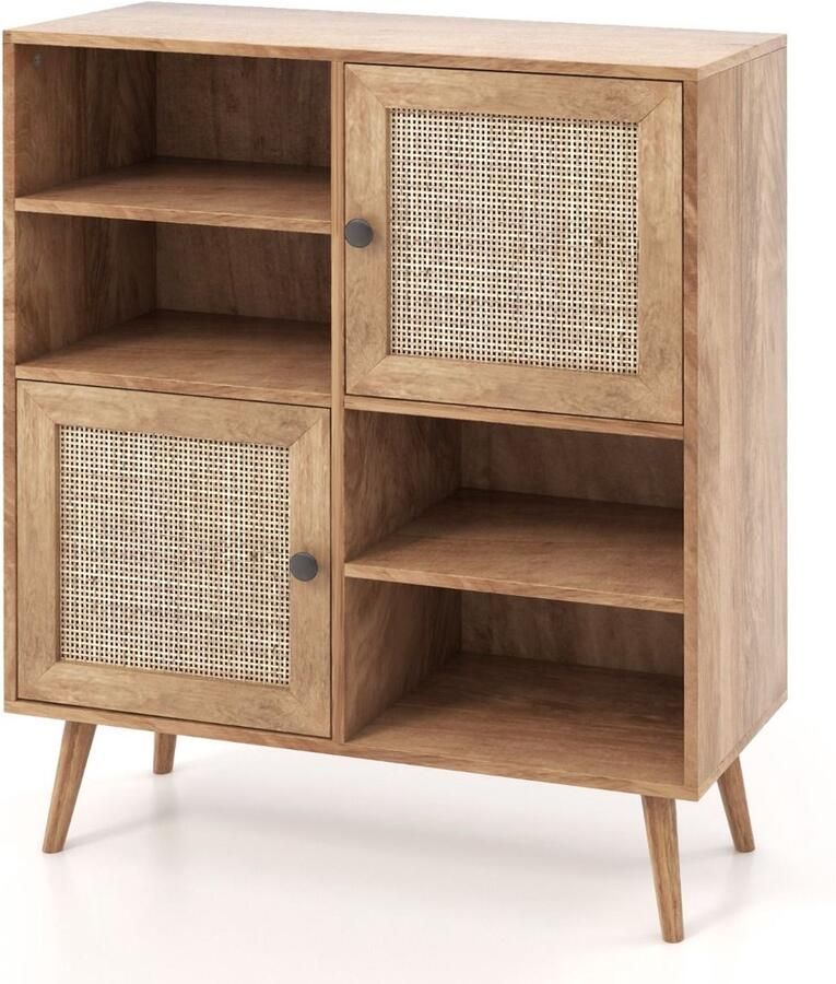 Keukenbuffet Opbergmeubel – 2 Kasten en 4 Vakken – Cannagedeur – Massief Houten Poten – 80 x 29 5 x 97 cm
