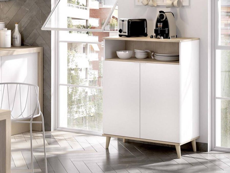 Vente-unique Keukenbuffet WAJDI 2 deuren en 1 nis Wit en eiken L 79.6 cm x H 102.2 cm x D 40 cm - Foto 3