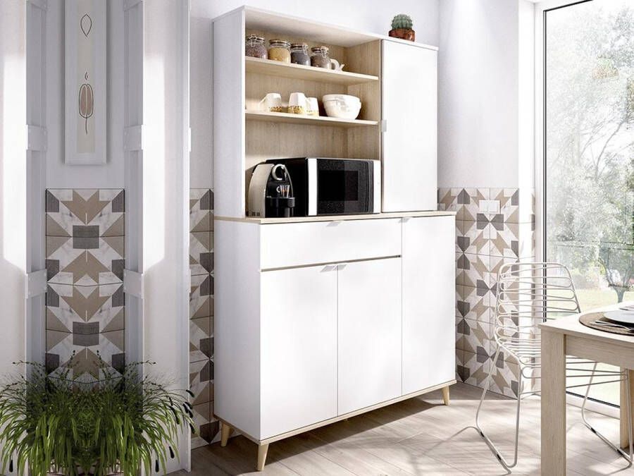 Vente-unique Keukenbuffet WAJDI 4 deuren 1 lade en 3 nissen Wit en eiken L 119.3 cm x H 188.6 cm x D 40 cm - Foto 2