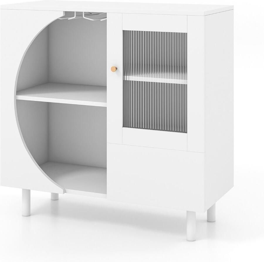 Keukendressoir met glashouders – Houten buffetkast met deuren van gehard glas vrijstaand opbergmeubel wit