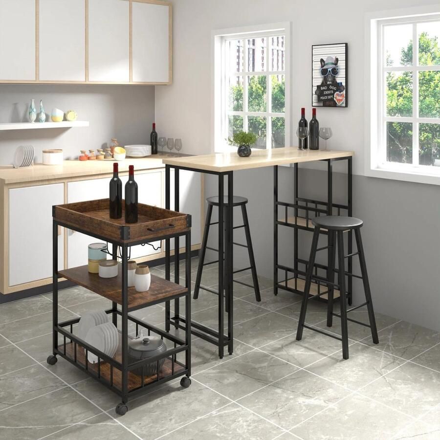 Keukeneiland Keuken Eiland Kookeiland Verplaatsbaar Keukenblok Met Werkblad Keukeneiland bartafel Magnetronkast Keukenkast Keukentrolley Op Wieltjes Tafel 85x70x40 Cm Bruin