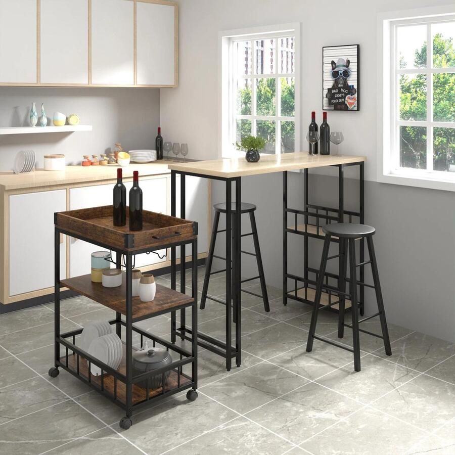 Keukeneiland Keuken Eiland Kookeiland Verplaatsbaar Keukenblok Met Werkblad Keukeneiland bartafel Magnetronkast Keukenkast Keukentrolley Op Wieltjes Tafel 85x70x40 Cm Bruin