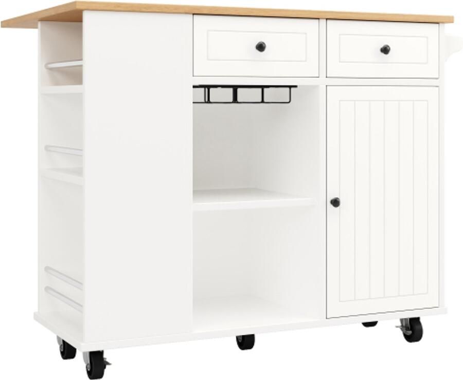 GOTAGEE Keukeneiland met uitneembare verdelers keukenkast eetwagen met werkblad buffetkast eetwagen met houtnerf voorzien van snackhouder en wijnglasrek wit