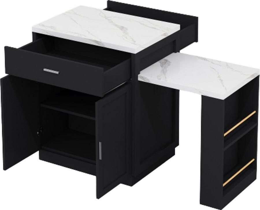 GOTAGEE Keukeneiland met uitschuifbare eettafel voor 4-6 personen tweekleurige keukentafel stopcontact opbergkast 2 lades 2 open zijplanken