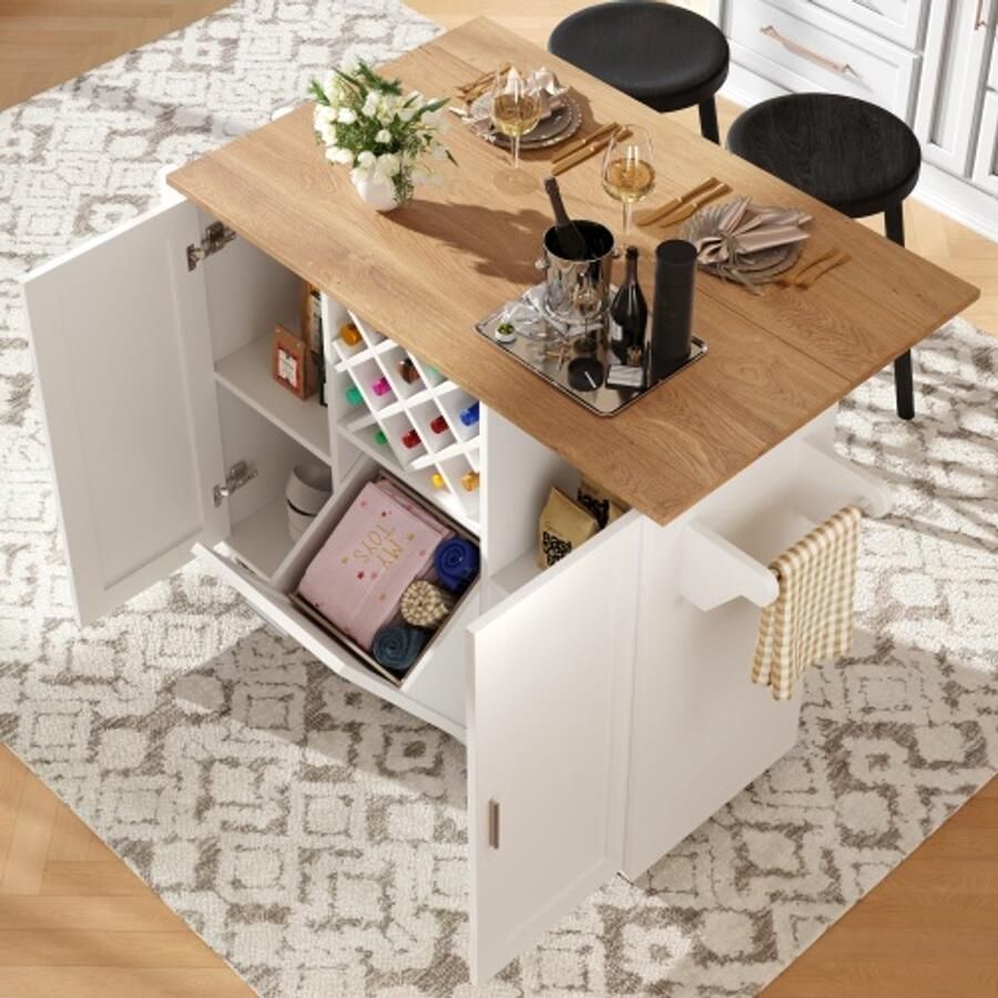 Learnlogic Keukeneiland met uitneembare verdelers keukenkast eetwagen met werkblad buffetkast eetwagen met houtnerf handdoekhouder aan de zijkant met flessenhouder wit