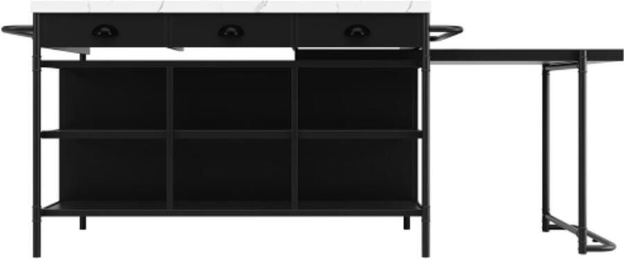 GOTAGEE Keukeneiland uitschuifbaar industrieel kunstmarmeren blad met 3 laden multifunctioneel keuken- en eetkamermeubilair keukenplank keukenkar dressoir MDF werkblad keukenplank