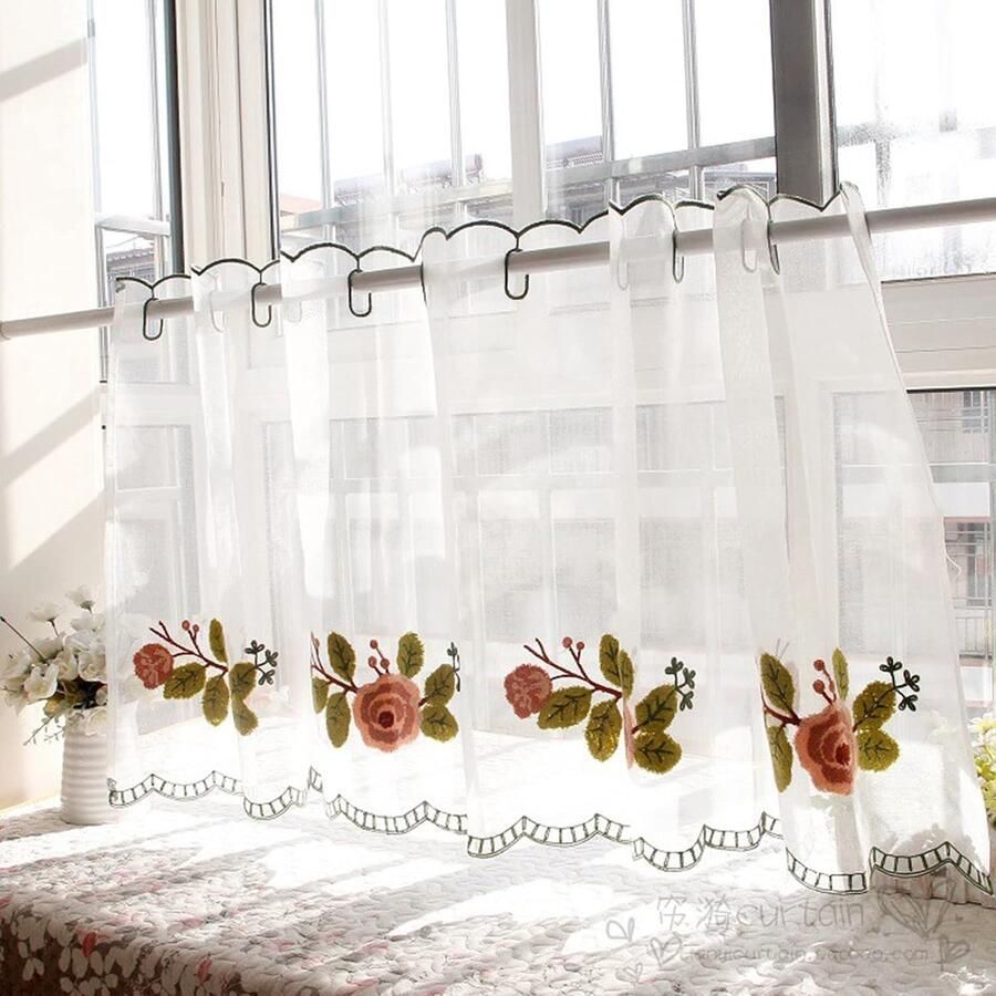 Keukengordijn Bistro half raamgordijn Geborduurd kort gordijn Roedezakgordijnen Ringgordijn Schaduwgordijn Klein privacygordijn Kast scheidingswand deur Eén stuk (Kleur: Garen Maat: 110x85cm (BxH))