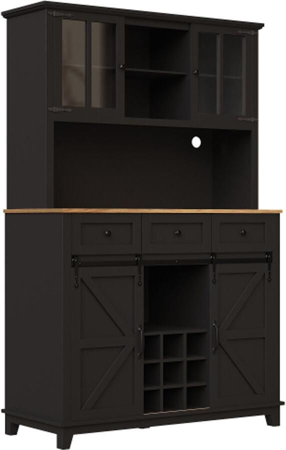 Keukenkast (105×38 4×180cm) hoog keukenbuffet vitrinekast buffetkast met verstelbare planken dressoir met ledverlichting variabele lichtkleuren zwart