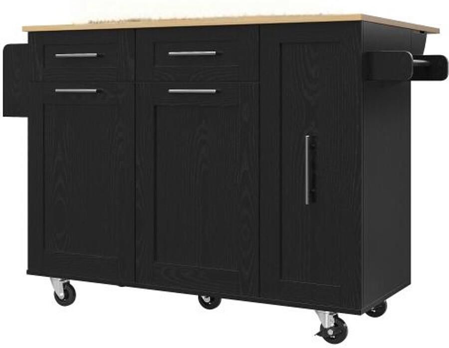 Keukenkast 110x46x90.5cm Keukenblok Zwart Houtnerf Met Wielen Multifunctionele Opslagkast Met Snackrekken En Uittrekbare Functie Eettafel