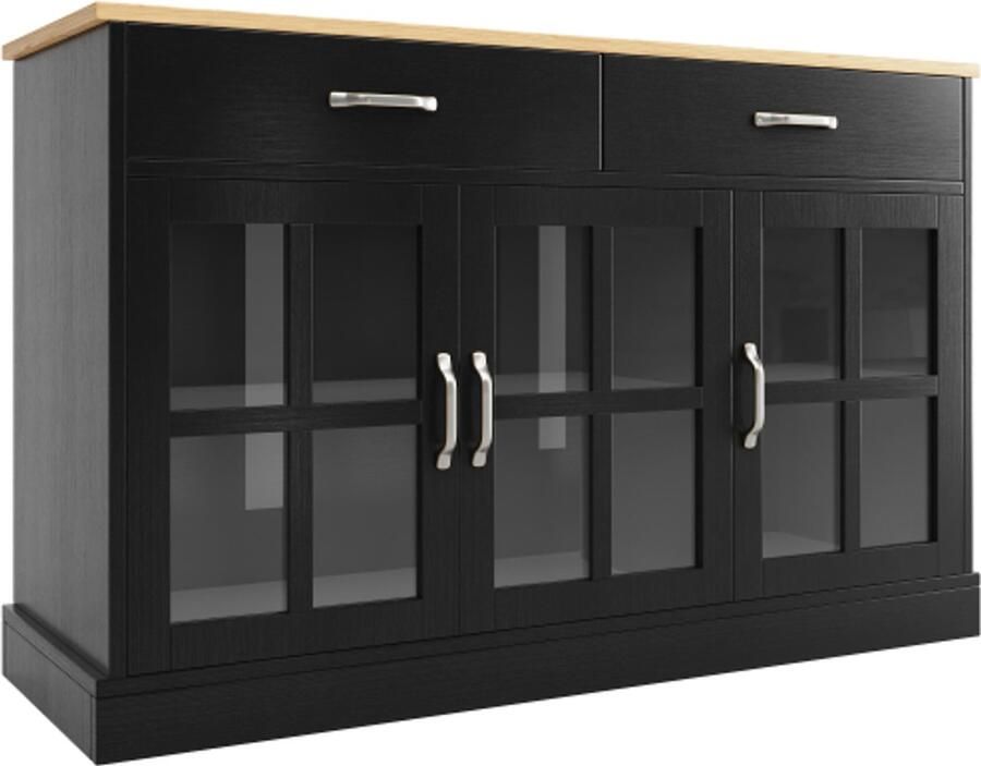 GOTAGEE Keukenkast (120×40×84cm) voorraadkast eetkamerkast voor keuken eetkamer en woonkamer modern dressoir zijkast met opbergruimte vintage glazen kastontwerp anti-kantelvoorziening zwart