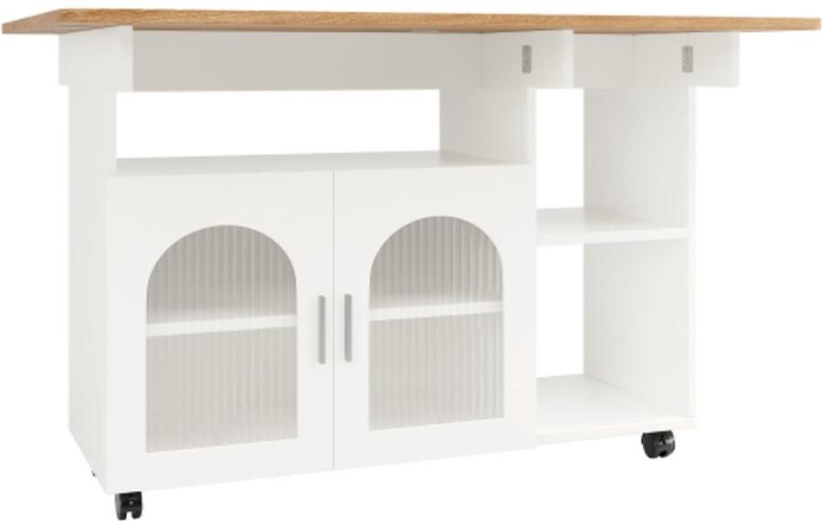 Keukenkast 120x30x79.5cm Mobiel Keukenblok Wit Houtnerf Met Wielen Opklapbaar Tafelblad Multifunctionele Opslagkast Met Buffetfunctie