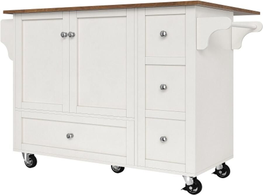 Keukenkast 128x40x92.5cm Keukenbuffet Wit Houtnerf Met Kruidenrek Handdoekhouder Verstelbare Planken Werkblad Op Wieltjes Geschikt Voor Keuken Eetkamer Woonkamer