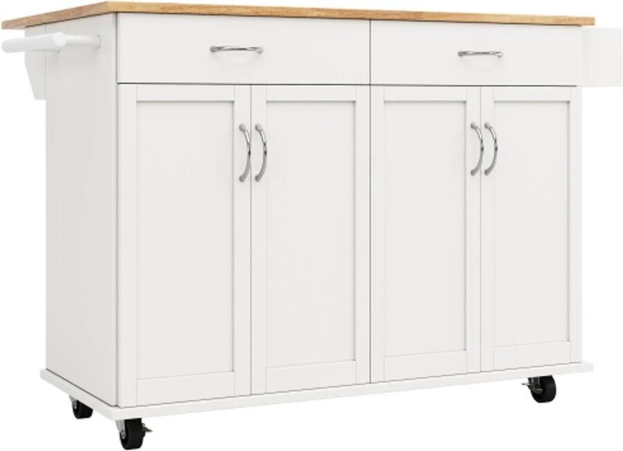 Keukenkast 128x50x90.5cm Keukenblok Wit Houtnerf Met Wielen Opklapbaar Tafelblad Multifunctionele Opslagkast Met Buffetfunctie