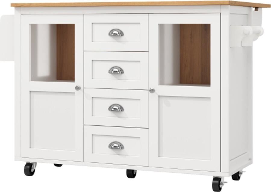 Keukenkast 137.9x45x92.5cm Hoekkast Keukenwerktafel Wit MDF Uittrekbare Keukenwagen Met Wielen Handdoekhouder Kruidenrek Verstelbare Planken 2 Deuren 4 Lades Buffetskast