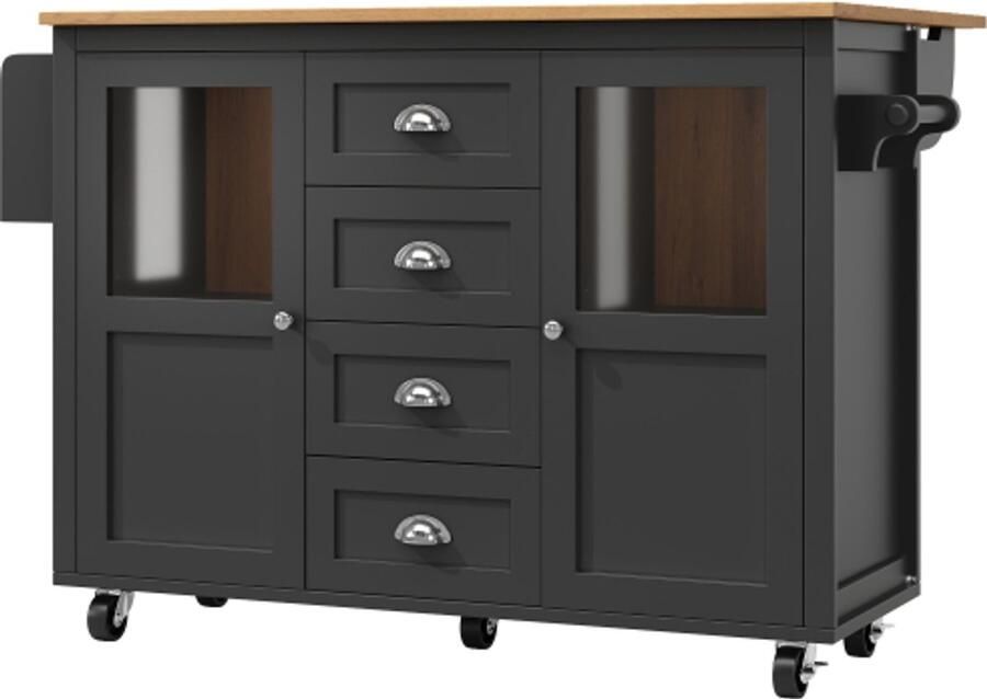 Keukenkast 137.9x45x92.5cm Hoekkast Keukenwerktafel Zwart MDF Uittrekbare Keukenwagen Met Wielen Handdoekhouder Kruidenrek Verstelbare Planken 2 Deuren 4 Lades Buffetskast