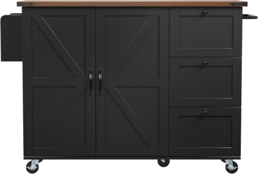 Keukenkast 140 x 45 x 92.5 cm Keukeneiland Zwart Houtnerf Met Uitbreidbaar Werkblad Twee Deuren Drie Lades Keukentrolley Serveerwagen Geschikt Voor Keuken Woonkamer Eetkamer