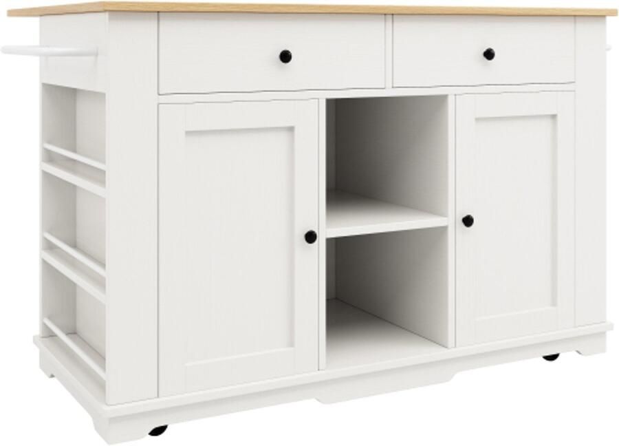 Keukenkast 151.5x59.7x91.7cm Mobiel Keukenblok Wit Houtnerf Met Wielen Opklapbaar Tafelblad Met Stopcontacten Multifunctionele Opslagkast Met Buffetfunctie
