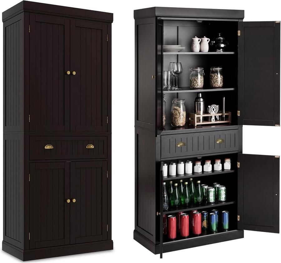 Keukenkast 183 cm buffetkast van hout met verstelbare planken deurkasten en lade hoge kast keukenbuffet vrijstaand voor keuken eetkamer woonkamer (bruin)