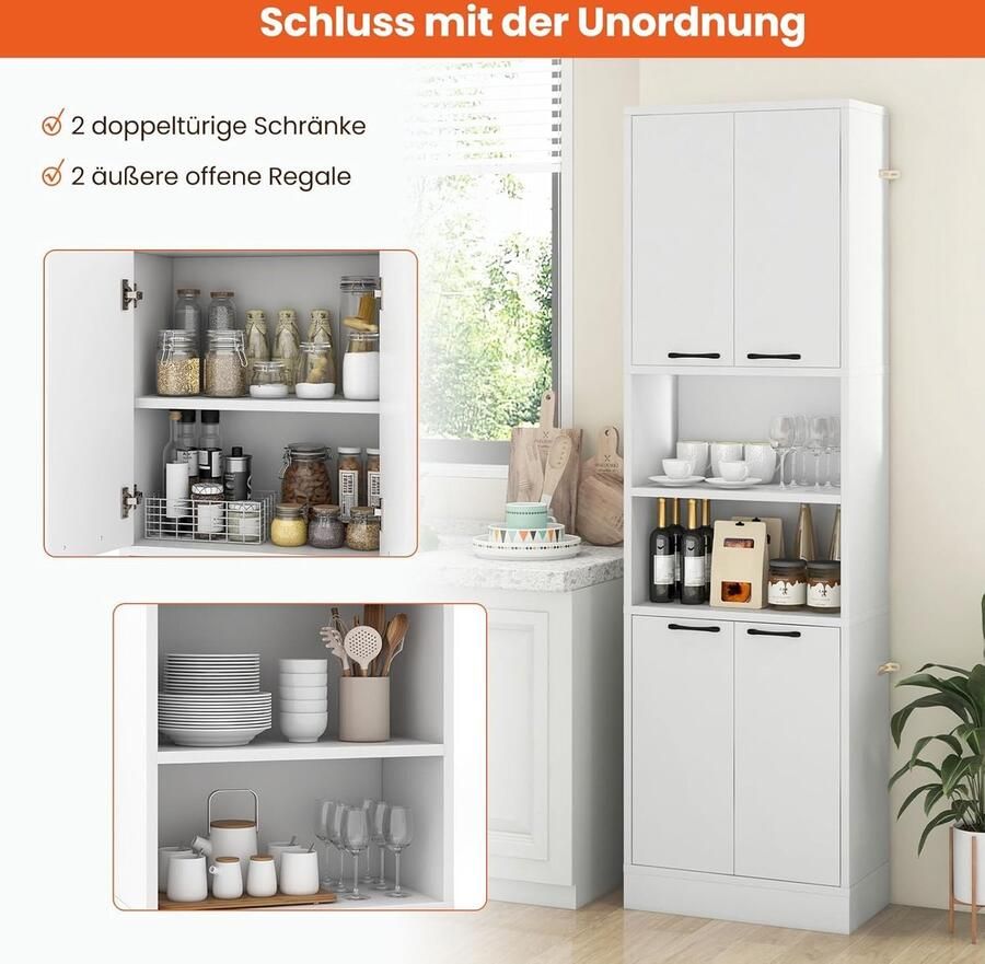 Keukenkast 190 cm hoog hoge kast met deuren planken veiligheidsscharnieren en kantelbeveiliging dressoir vrijstaand multifunctionele kast voor eetkamer woonkamer wit