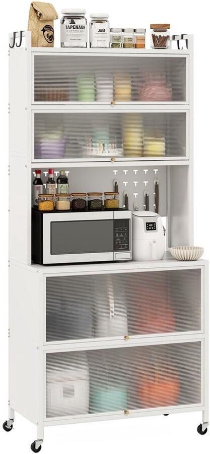 Keukenkast Buffet met 6 Lagen – Opbergvakken Scharnierende Deuren Magnetron Werkblad en Prikbord met Haken Wit