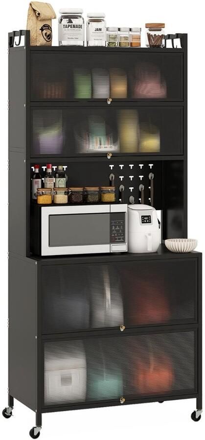 Keukenkast Buffet met 6 Lagen – Opbergvakken Scharnierende Deuren Magnetron Werkblad en Prikbord met Haken zwart