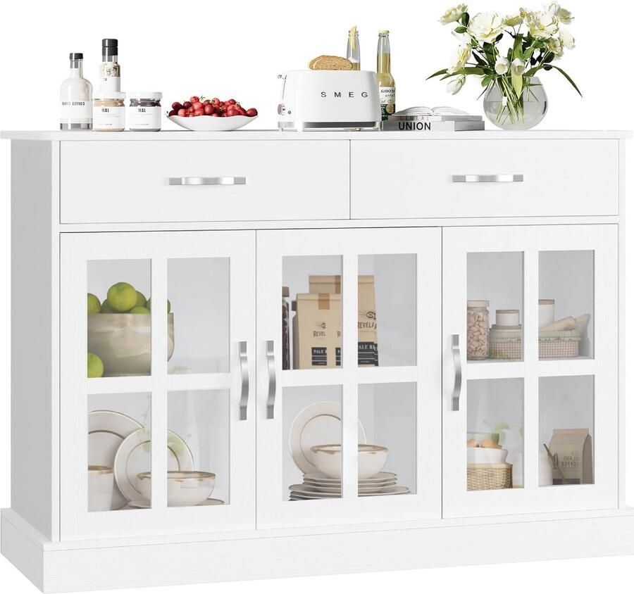 Keukenkast Dressoir met 3 Glazen Deuren en 2 Laden Buffetkast Houten Opbergkast voor Woonkamer Eetkamer Hal 120 x 84 x 40 cm