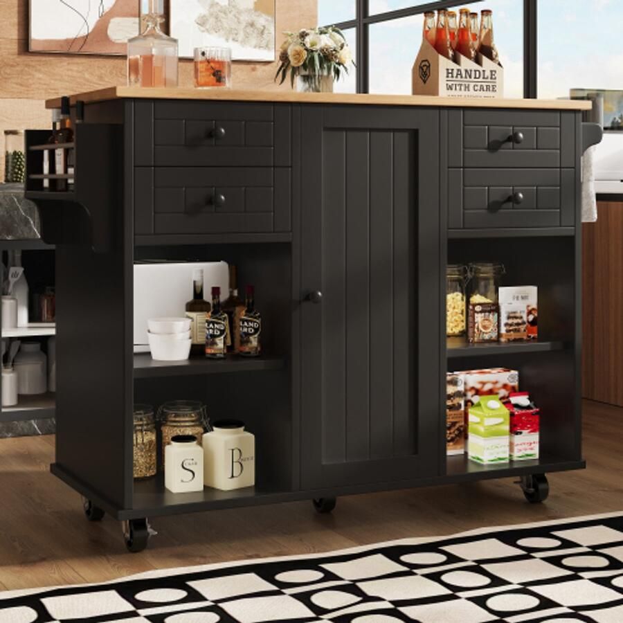 Merlooks Modern kookeiland (127×46×91.5m) Keukenkast Eetkamermeubel met houtnerf Eetkamerkar met multifunctionele opbergruimte en verwijderbare verdelers zwart