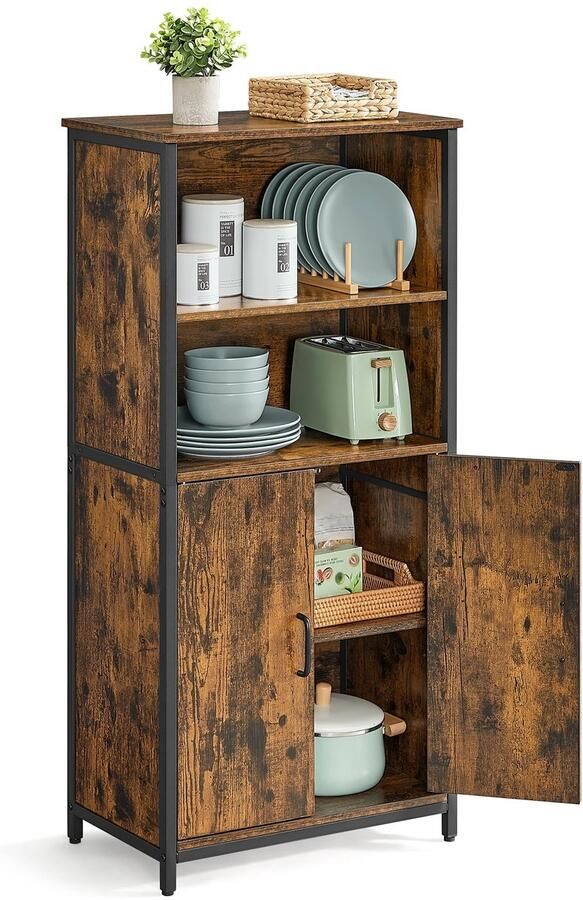 Keukenkast Highboard – Opbergkast – 2 Open Vakken – 3 Verstelbare Legplanken – Industrieel Design – Vintage Bruin + Zwart – Staal en Houtlook – 35x60x124 5 cm – Multifunctioneel en Stabiel