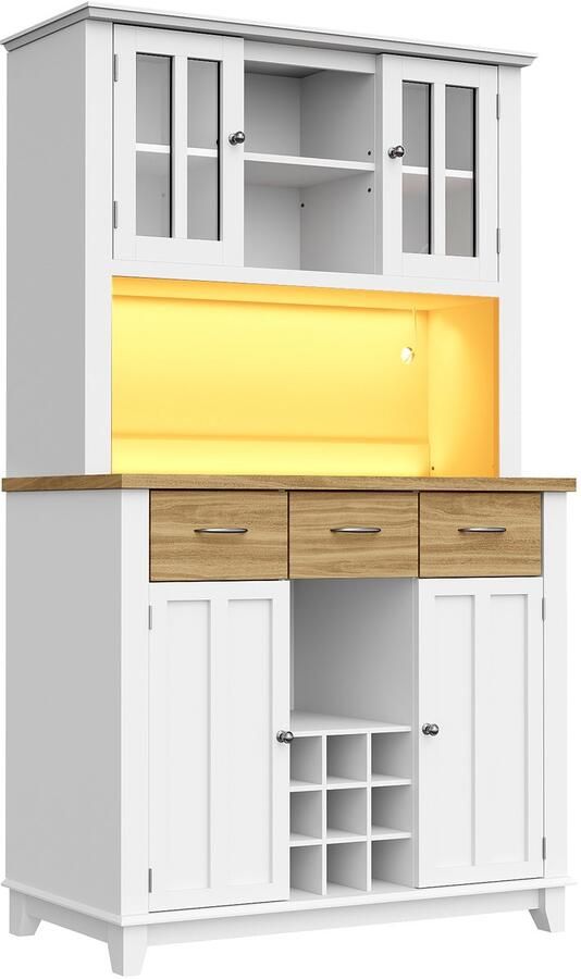 Zonder merk Gotagee Keukenkast Hoge kast Keuken Buffet Vitrinekast Buffetkast met verstelbare planken Dressoir met LED Met houtkleurige laden Wit