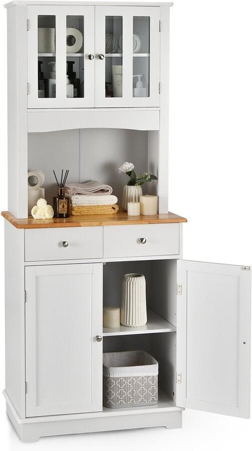 Keukenkast hoog 170 cm buffetkast hout hoge kast met 2 laden & verstelbare planken & glazen deuren & draadgat keukenbuffet vrijstaand buffet voor keuken eetkamer wit