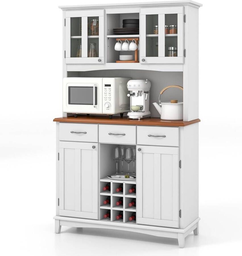 Keukenkast keukenbuffet met 3 laden kasten wijnrek open planken en werkblad buffetkast hoge kast met verstelbare planken 112 x 43 x 184 5 cm HW64504+DE