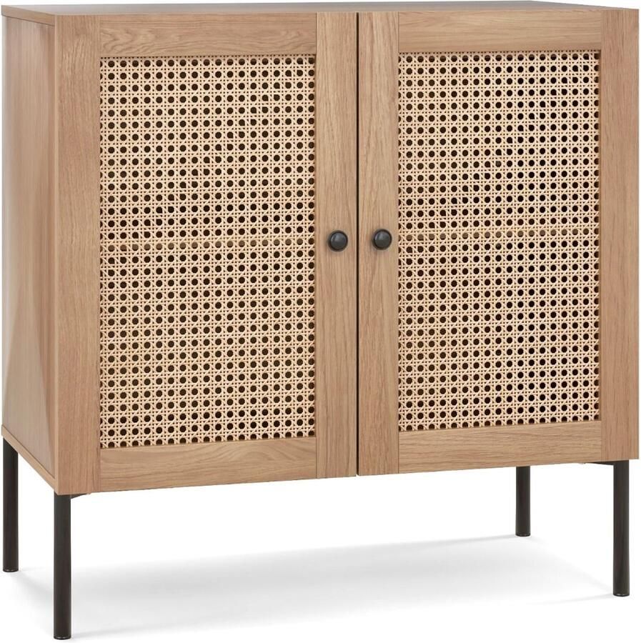 Keukenkast met 2 Deuren en Rieten Front – Dressoir met Verstelbare Plank en 2 Open Planken – Boheemse Opbergkast met Metalen Poten – Walnoot 80 x 40 x 80 cm