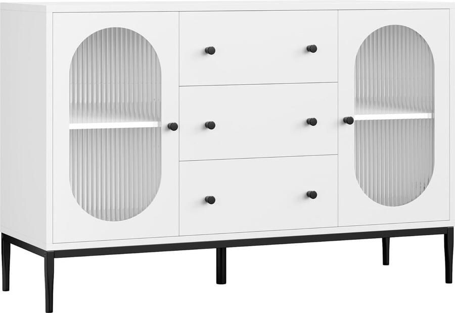 Keukenkast met 2 glazen deuren 3 laden buffetkast hout opbergkast voor keuken woonkamer eetkamer 120 x 38 x 80 cm wit