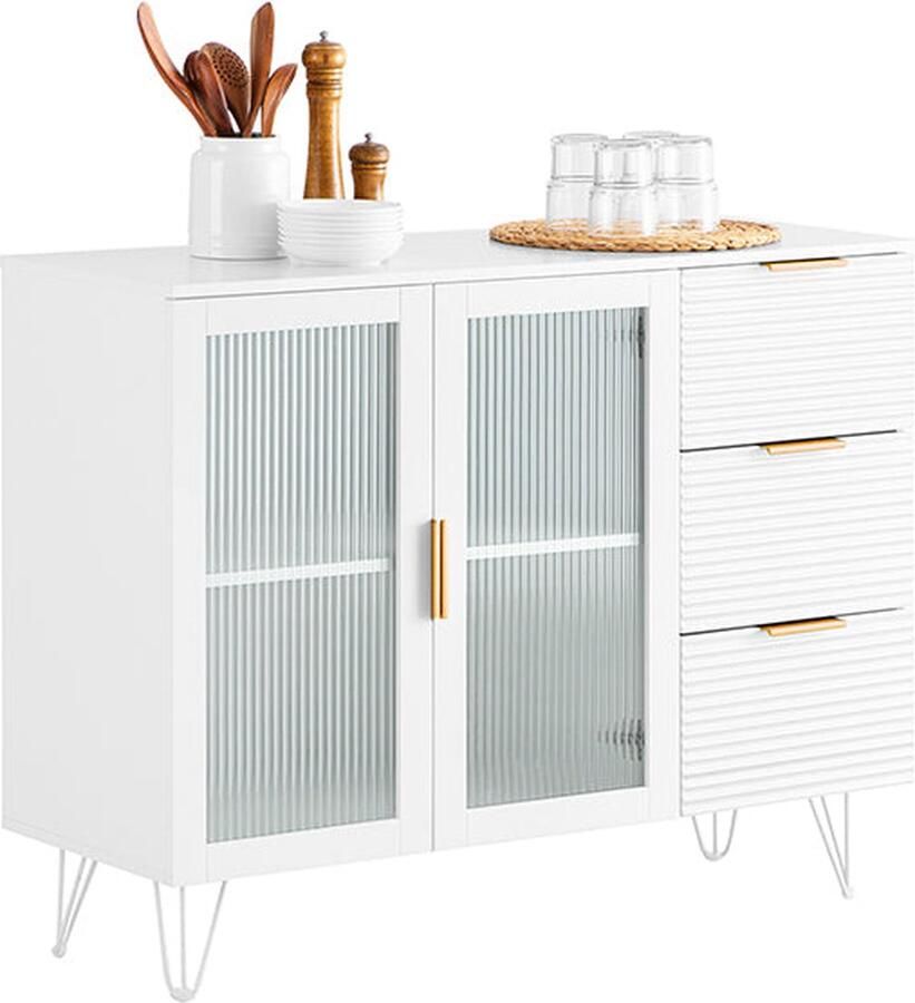 Rootz Living Rootz Keukenkast met Glazen Deur Keukeneiland Dressoir Stijlvolle Opberger Stevige Metalen Voeten Eenvoudige Montage Wit met Gouden Handgrepen 108cm x 85cm x 40cm