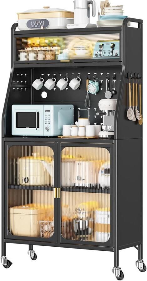 Keukenkast met magnetronslot 5-traps verstelbare planken en transparante deuren zwart (76 x 36 x 164 cm)