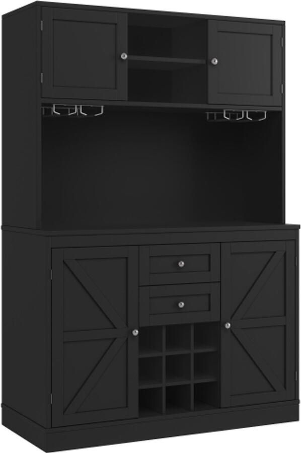 Keukenkast met verstelbare planken en wijnrek hoog keukenbuffet met 4 deuren en 2 lades dressoir voor keuken en woonkamer buffetkast zwart