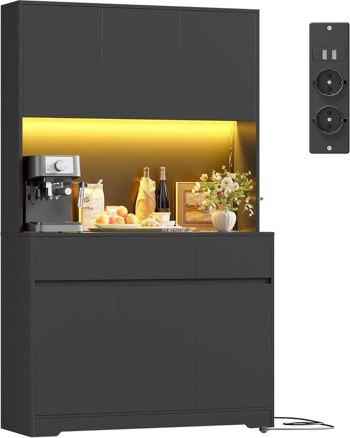 Keukenkast met Werkblad en LED Buffetkast Hoge Kast met Stekkerdoos en Verstelbare Planken Dressoir voor Keuken Woonkamer Eetkamer 100 x 38 5 x 180 cm Zwart