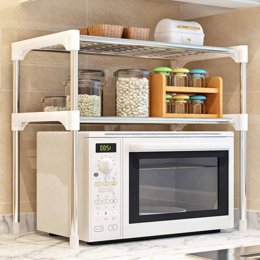 Keukenkast organizer keukenrek 2-traps multifunctioneel keukenrek voor planken in de magnetron keuken werkblad rek organizer van metaal en plastic (2 lagen)