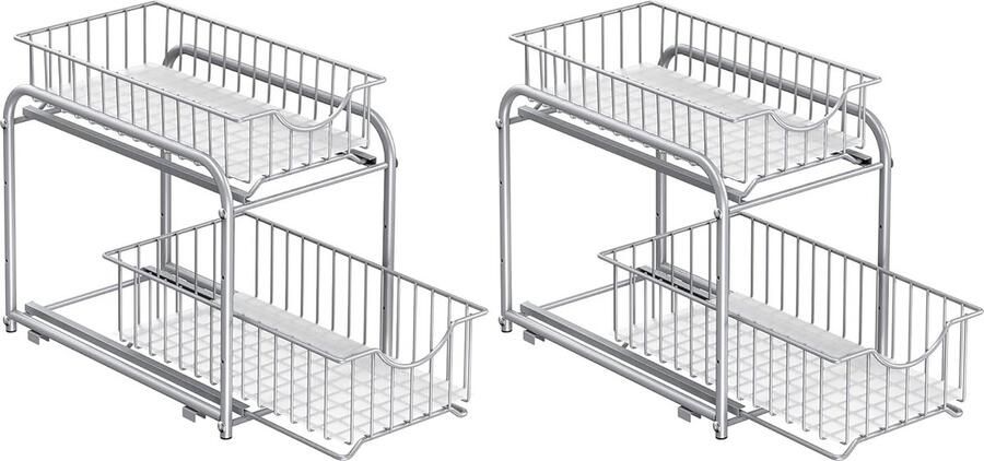 Keukenkast organizer set van 2 keukenrek opbergsysteem 2 niveaus stapelbaar uitbreidbaar met metalen manden voor keuken metallic zilver