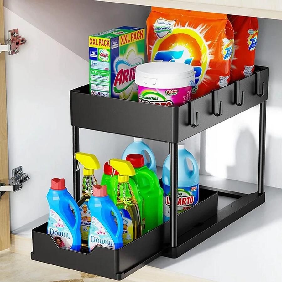 Keukenkast Organizer uitschuifbaar Schuiflade Keukenkast Aanrecht Organiser Kast Organizer Kitchen Organizer Lade Organizer Zwart Under sink Organizer Gootsteenkast Organizer Kruidenrek Keukenrek Badkamer Organizer