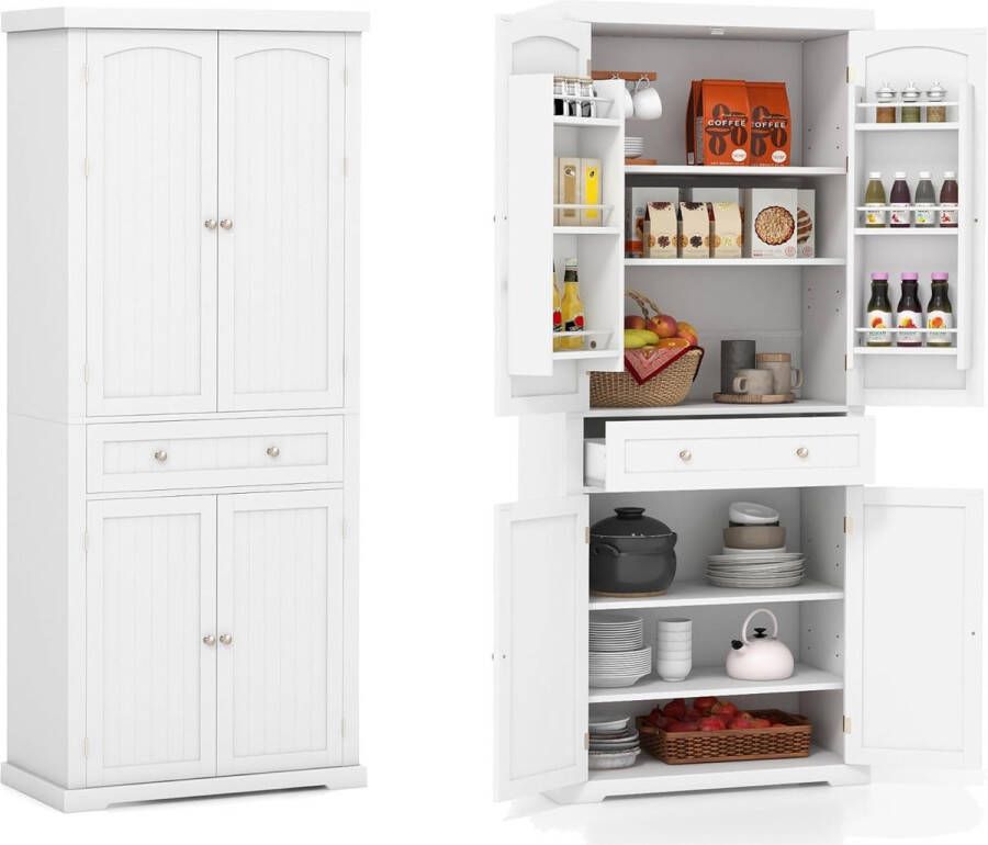 Keukenkast van hout hoge kast met 4 deuren keukenbuffet met 4 verstelbare planken en lade vrijstaande opbergkast voor keuken eetkamer wasruimte woonkamer wit