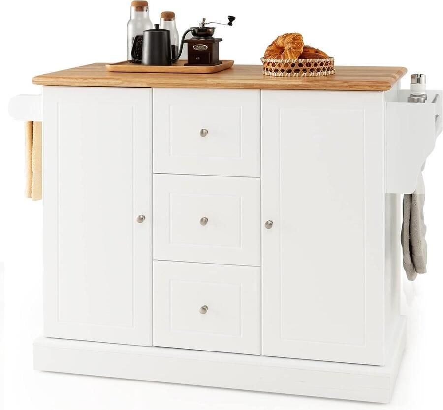 Keukenkast van hout keukeneiland met 5 verborgen wielen keukentrolley met werkblad handdoekhouder & 3 laden 5-traps verstelbare planken serveerwagen sideboard oprolbaar (wit)