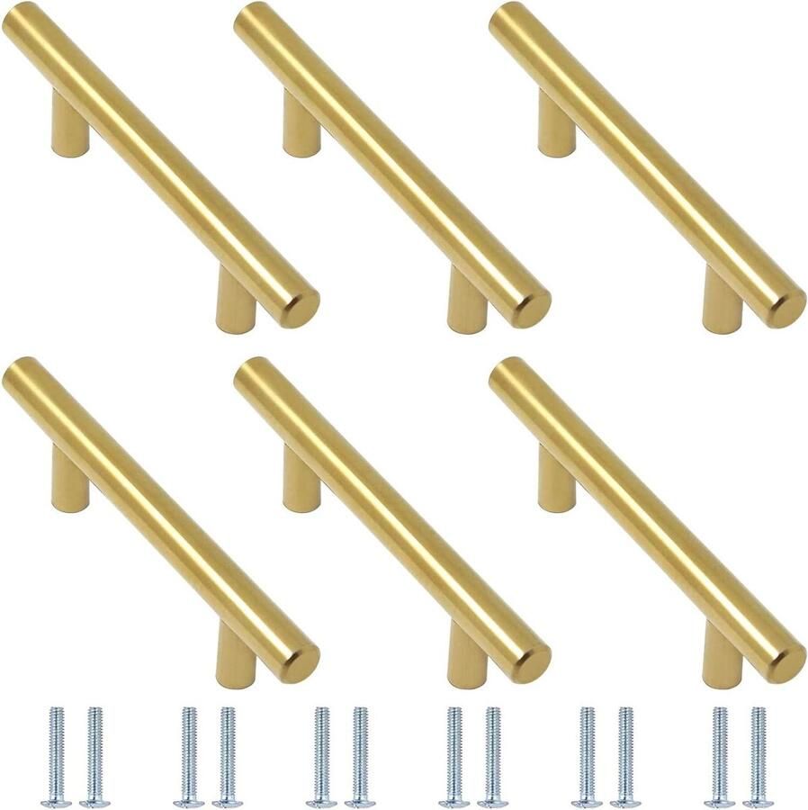Keukenkasthandgrepen 6 stuks Roestvrijstalen T-staafhandgrepen 12 schroeven Goud 96 mm Slaapkamermeubelgrepen