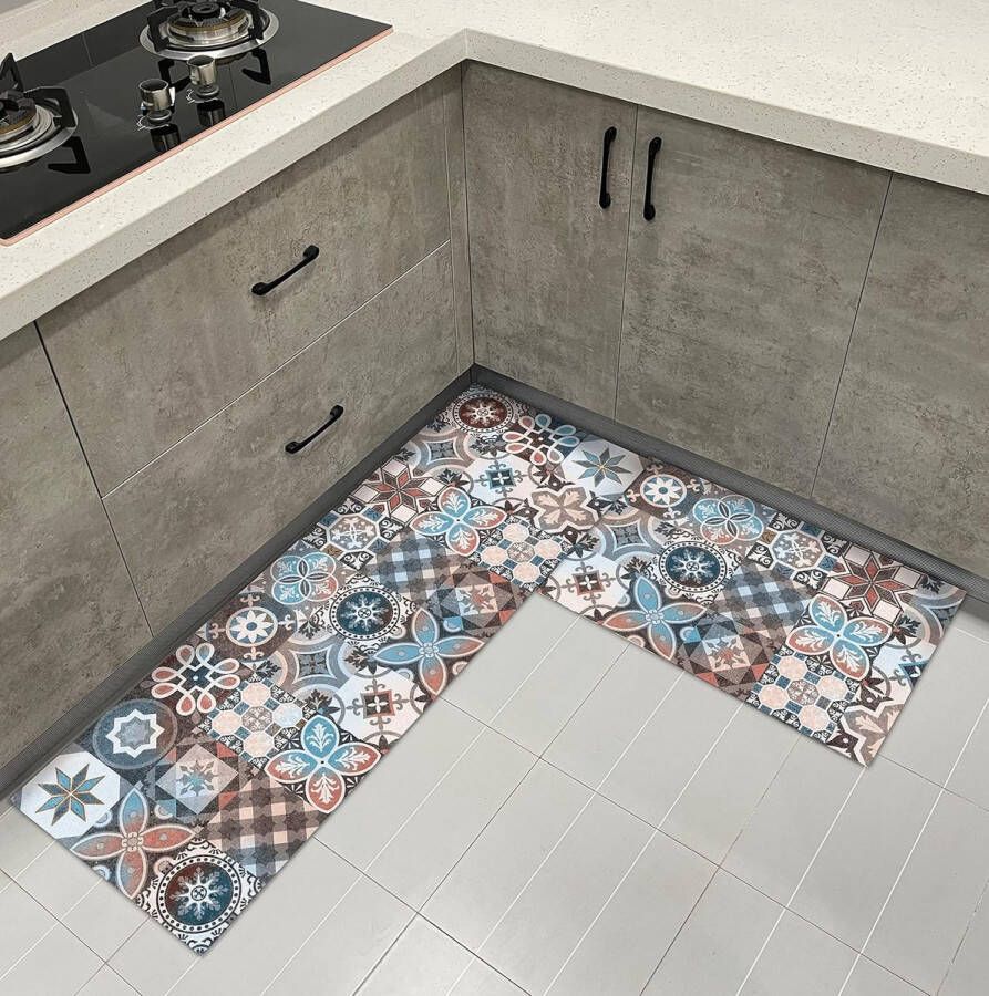 Keukenloper 40 x 60 + 40 x 120 cm wasbaar antislip PVC-tapijt voor de keuken 2 stuks met rubberen achterkant keukenmat voor eetkamer keuken en hal (A)