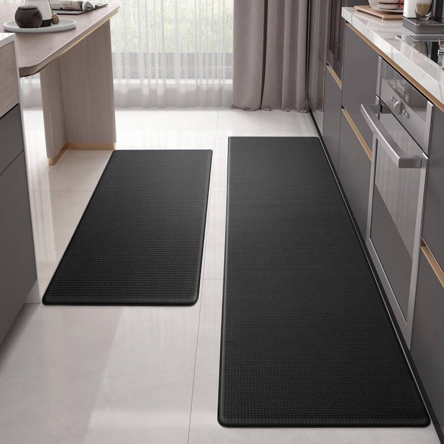 Keukenloper set van pvc wasbaar antislip tapijt voor keuken waterdicht en oliebestendig keukenmat zwaar voor keuken hal waterbaar 44 x 75 + 44 x 180 cm zwart