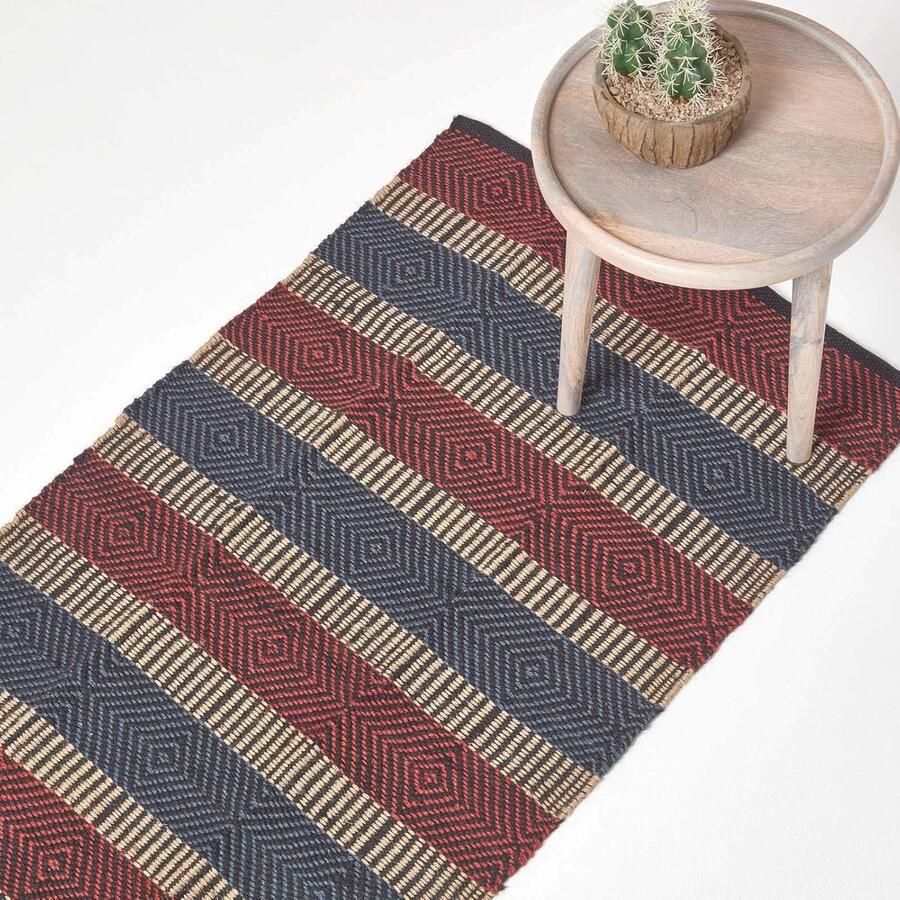 Keukenloper van 100% Jute 66 x 200 cm Duurzaam Tapijt met Geometrisch Patroon Rood Blauw en Beige