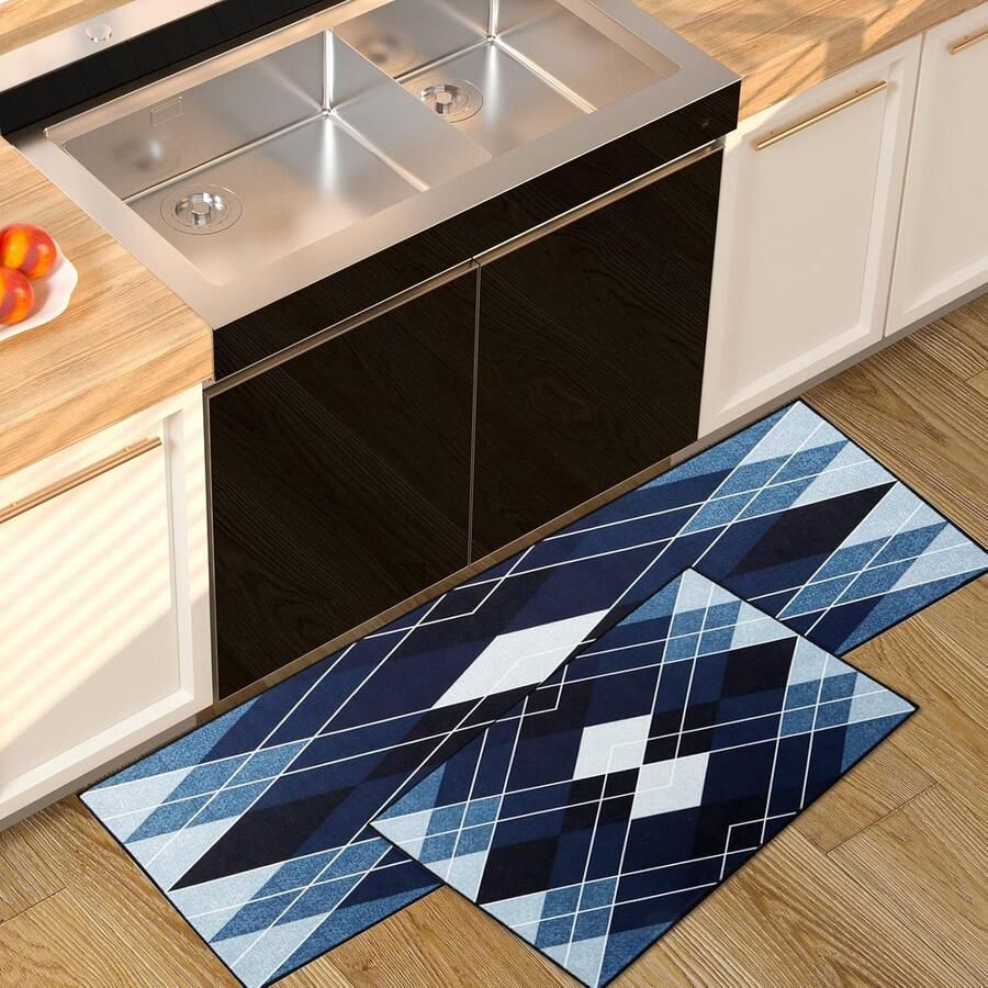 Keukenmat keukentapijtenset antislip wasbaar 2 stuks 40 x 60 cm + 40 x 120 cm Donker Blauw
