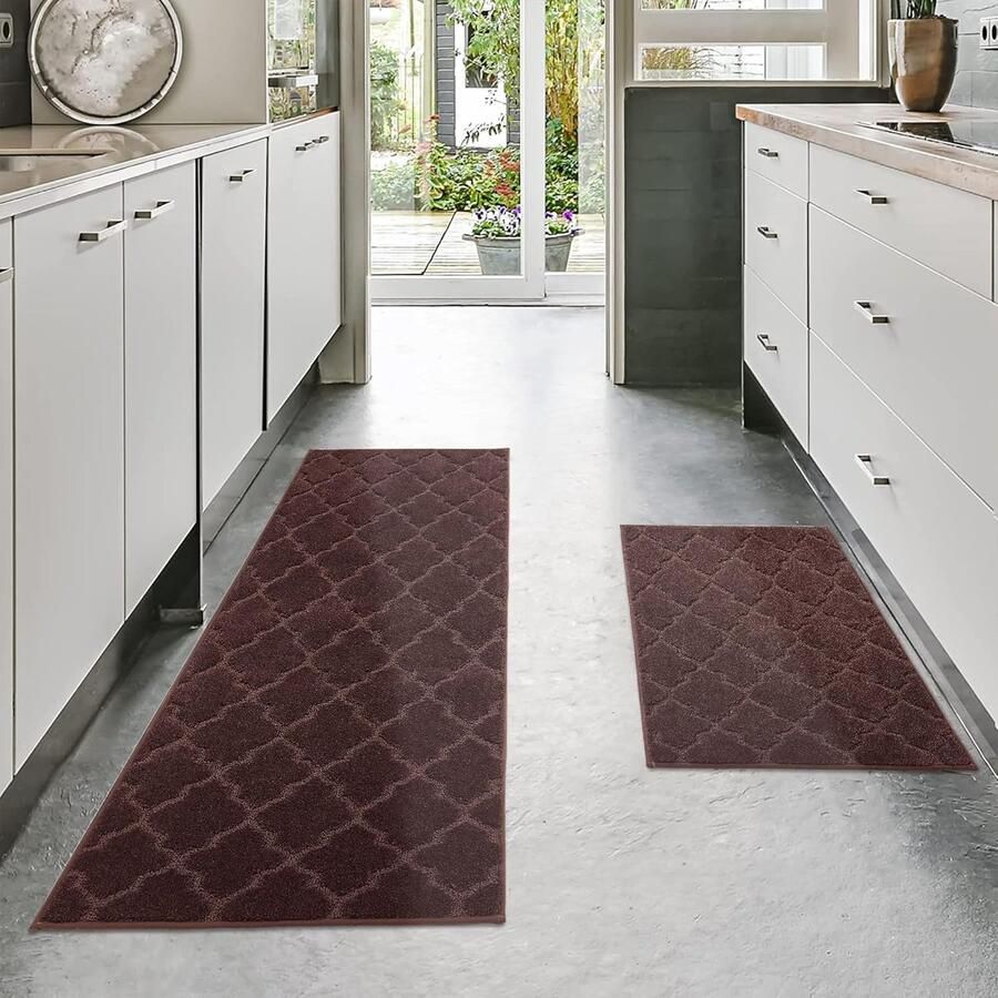 Keukenmat keukentapijtenset antislip wasbaar 2 stuks 51 x 76 cm + 51 x 122 cm bruin
